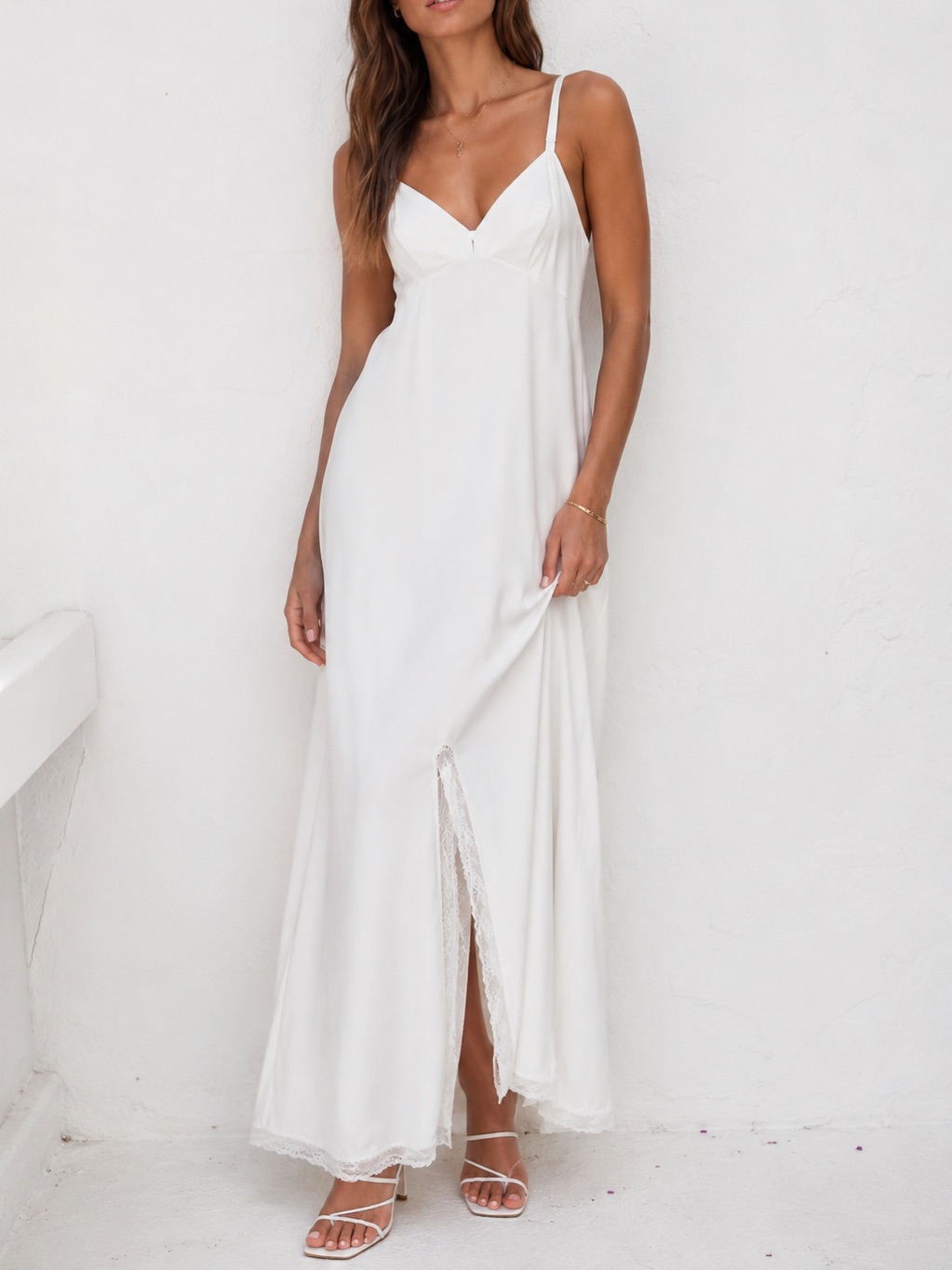 Sears White Maxi Slip Dress With Lace Trim